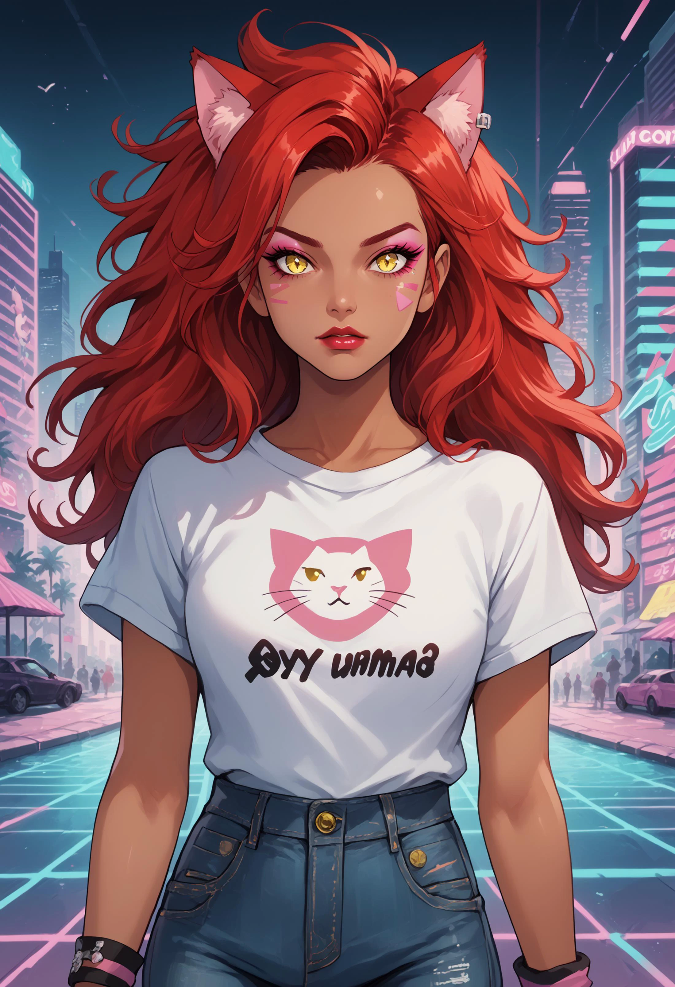 1girl, solo, transgender female, red hair, yellow eyes, cat ears, animal ears, tan, tan skin, ganguro, two tone hair, long hair, wearing a black and pink anime tshirt, denim jeans, makeup, wristband, lipstick, jewelry, depth of field, vaporwave, citypunk, BREAK PonyXLV6_Scores