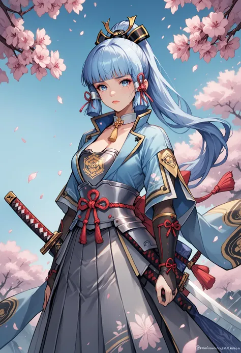 1girl, kamisato ayaka,  solo, weapon, sword, blue eyes, holding, holding weapon, ponytail, long hair, holding sword, hair ornament, blunt bangs, looking at viewer, armor, neck tassel, breastplate, hair ribbon, bridal gauntlets, ribbon, mole under eye, cherry blossoms, japanese clothes, blue hair, mole, floral print, skirt, tassel, sidelocks, flower, gloves, closed mouth, ice, light blue hair, katana, tears, partially fingerless gloves, black gloves, tress ribbon, grey skirt, breasts, cleavage, twitter username, cherry blossom print, gold tassel, white petals, armored dress, japanese armor, standing, pleated skirt, falling petals, petals,  BREAK PonyXLV6_Scores