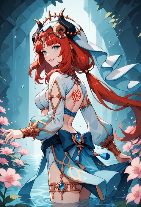 1girl, nilou \(genshin impact\),  solo, long hair, back tattoo, looking at viewer, red hair, flower, long sleeves, hair ornament, veil, vision \(genshin impact\), harem outfit, breasts, tattoo, horns, puffy long sleeves, parted lips, skirt, water, twintails, fake horns, thighlet, floating hair, bare back, puffy sleeves, hair flower, blue eyes, circlet, gem, gold trim, bracer, low twintails, crop top, medium breasts, blue gemstone, thighs, parted bangs, blue nails, back, pink flower, cowboy shot, clothing cutout, sidelocks, median furrow, from side, skirt hold, smile, dancing, wading, shrug \(clothing\), white headwear, teeth,  BREAK PonyXLV6_Scores