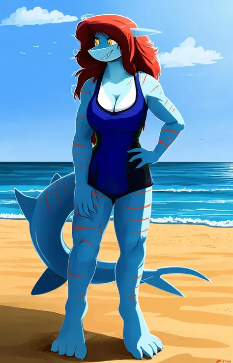 the-minuscule-task,pupils, shark,blue body, white chest, nude, yellow eyes,bright red hair, beach, female, portrait, standing, solo,swimsuit, light blue skin, smile, (clouds), horizon, candid, tail, muscular, [[scars]], dark blue stripes, cleavage, straight hair
<lora:the-minuscule-task 1.11:1>