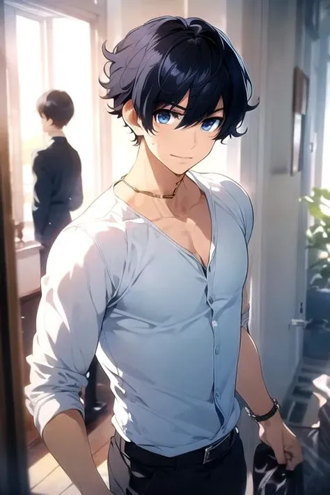 masterpiece, best quality, game cg, 1boy, solo, male focus, looking at viewer, upper body, depth of field, <lora:yamato_takura:0.66>, yamato_takura, black hair, blue eyes, suit trousers, , , HD-DVD