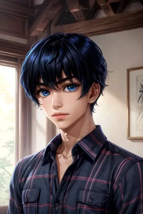 masterpiece, best quality, , 1boy, solo, male focus, looking at viewer, upper body, , <lora:yamato_takura:0.68>, yamato_takura, black hair, blue eyes, flannel shirt, , ,