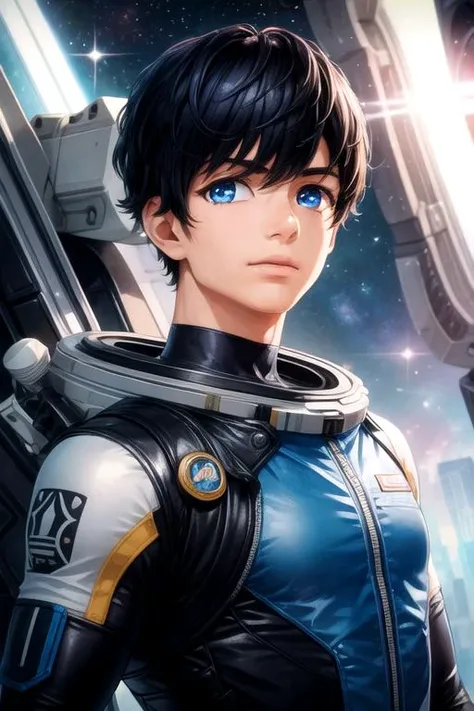 masterpiece, best quality, photorealistic, 1boy, solo, male focus, looking at viewer, upper body, , <lora:yamato_takura:0.68>, yamato_takura, black hair, blue eyes, , science fiction space opera,