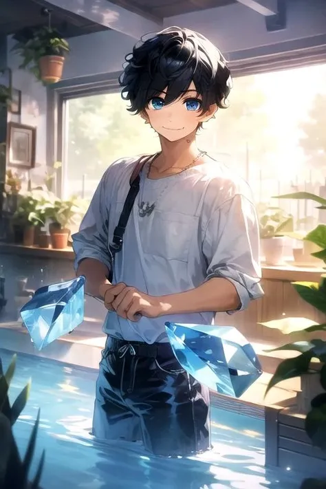 masterpiece, best quality, wallpaper, 1boy, solo, male focus, looking at viewer, , depth of field, <lora:yamato_takura:0.68>, yamato_takura, black hair, blue eyes, , turban, The Crystal Cave: A fantastical place where gemstones and crystals grow in abundance,