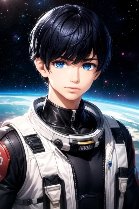 masterpiece, best quality, photorealistic, 1boy, solo, male focus, looking at viewer, upper body, depth of field, <lora:yamato_takura:0.70>, yamato_takura, black hair, blue eyes, , , science fiction space opera,