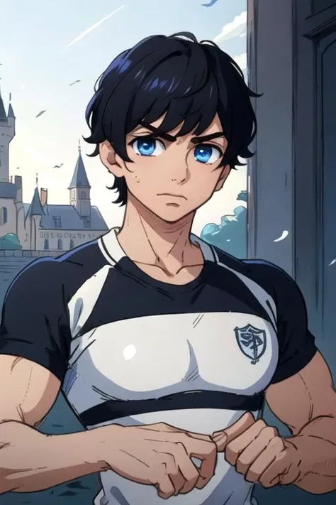 masterpiece, best quality, sketch, 1boy, solo, male focus, looking at viewer, upper body, , <lora:yamato_takura:0.72>, yamato_takura, black hair, blue eyes, rugby shirt, , A dark, foreboding castle where a wicked queen reigns, 32k resolution