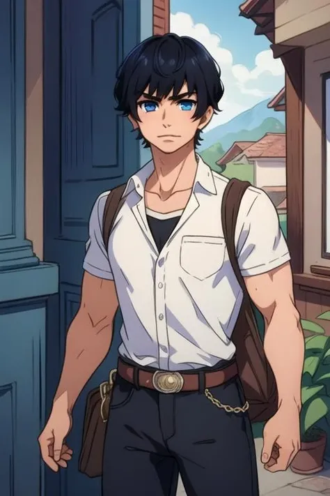 masterpiece, best quality, photorealistic, 1boy, solo, male focus, looking at viewer, , , <lora:yamato_takura:0.66>, yamato_takura, black hair, blue eyes, cowboy costume, aztec,