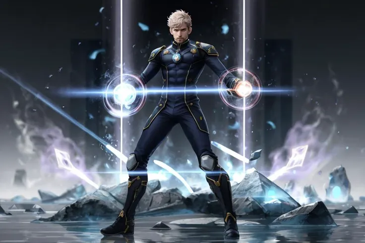 1man, combat pose, full-body, elemental mages, wearing futuristic mage uniform, short hair, casting elemental magic, surrounded by elemental energy, special effects, waning light, hyperdetailed, accurate proportionate, realistic,<lora:PrideComics:0.8>,.