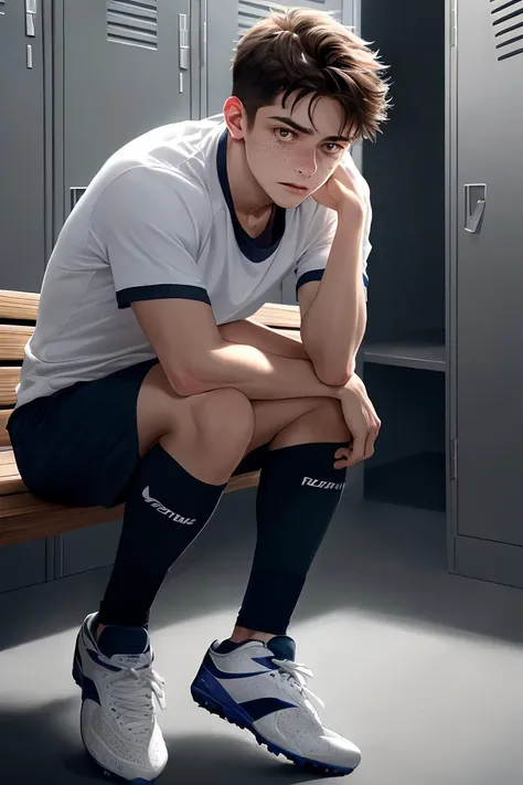 photorealistic image of a young and cute boy, body hair, soccer, detailed skin, huge bulge, (dynamic posture:1.3), (action shot), (clothes scattered),(locker room), (wearing tight white underwear),(side view),(full body:1.2),(athletic shoes:1.2), (undressing),(leaning over bench),  natural looking face, (nervous expression:1.5), soft warm lighting, vibrant, masterpiece, best quality, perfect anatomy, muted colors, dramatic, cinematic, soft light, (muted colors, dim colors, soothing tones), soft light, sharp, realistic skin details, high contrast, (freckles on face), (close up shot of face, detailed eyes)