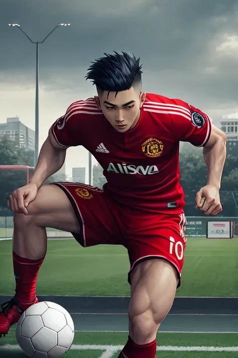 RAW photo, (dynamic), action, 1man, handsome Asian,slim men, (soccer kit), sports socks, thirst trap, undercut hair, (Mancunian park background), (cloudy:0.5), soft lighting, skin imperfections, intricate detail, 8k, octane, (GS-Masculine:0.3), portrait