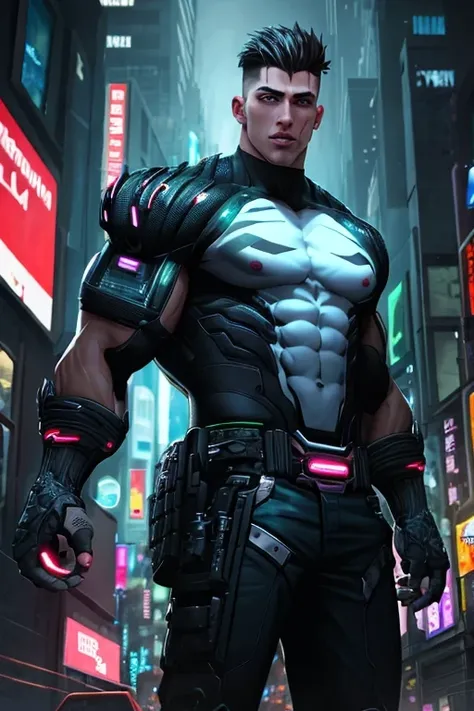 RAW photo, (dynamic), action, 1boys, handsome muscular men, cyberpunk, city, thirst trap, undercut,(posing), (cloudy:0.5), soft lighting, skin imperfections, intricate detail, 8k, octane, (GS-Masculine:0.3),