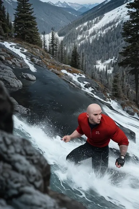 RAW photo, (dynamic), action, 1boys, handsome muscular men, (sweatshirt), hiking, thirst trap, shaved head,bald(Alps mountain), (cloudy:0.5), soft lighting, skin imperfections, intricate detail, 8k, octane, (GS-Masculine:0.3),