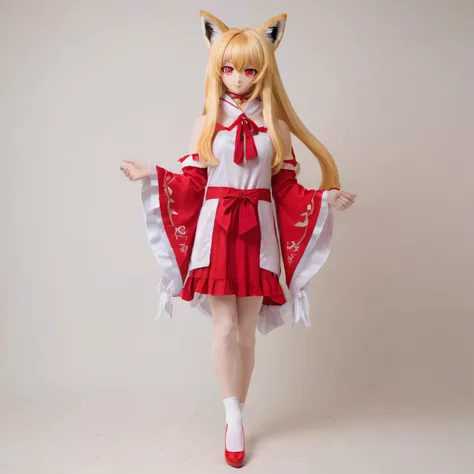 <lora:agkr-sdxl-v1-000002:1> animegao, 1girl, bangs, blonde hair, fox ears, hair ornament, long hair, looking at viewer, full body, red eyes, simple background, smile, solo, standing, wide sleeves