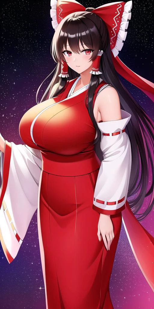 <lora:ReimuV2:0.7> hakureireimu, , standing, solo, japanese_clothes, starry_sky,, masterpiece, best quality, detailed face, detailed eyes, highres,