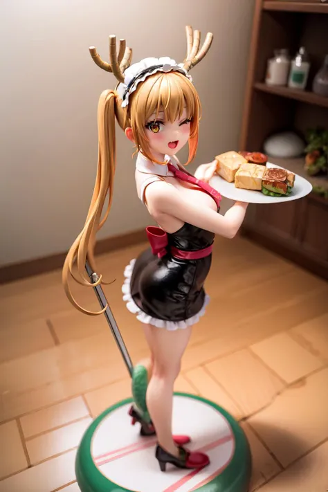 1girl, bangs, doll joints, realistic, porcelain, action figure, doll, pole, standing, wide hips, on table, full body, shiny skin, <lora:Tohru:1>, 1girl, :d,cleavage, dragon girl, dragon horns, black dress, from side, horns, large breasts, large tail, long hair, looking at viewer, maid headdress, necktie, one eye closed, open mouth, red necktie, slit pupils, smile, solo, tohru, twintails, black dress, maid outfit, green tail, holding plate, niples, breast slip,