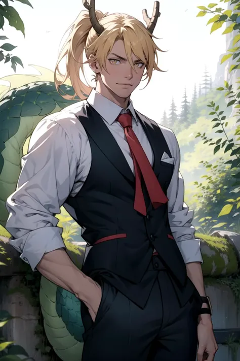 anime character with horns and a red tie standing in front of a green dragon