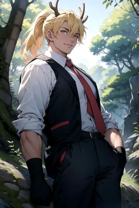 anime character with blonde hair and a red tie standing in a forest