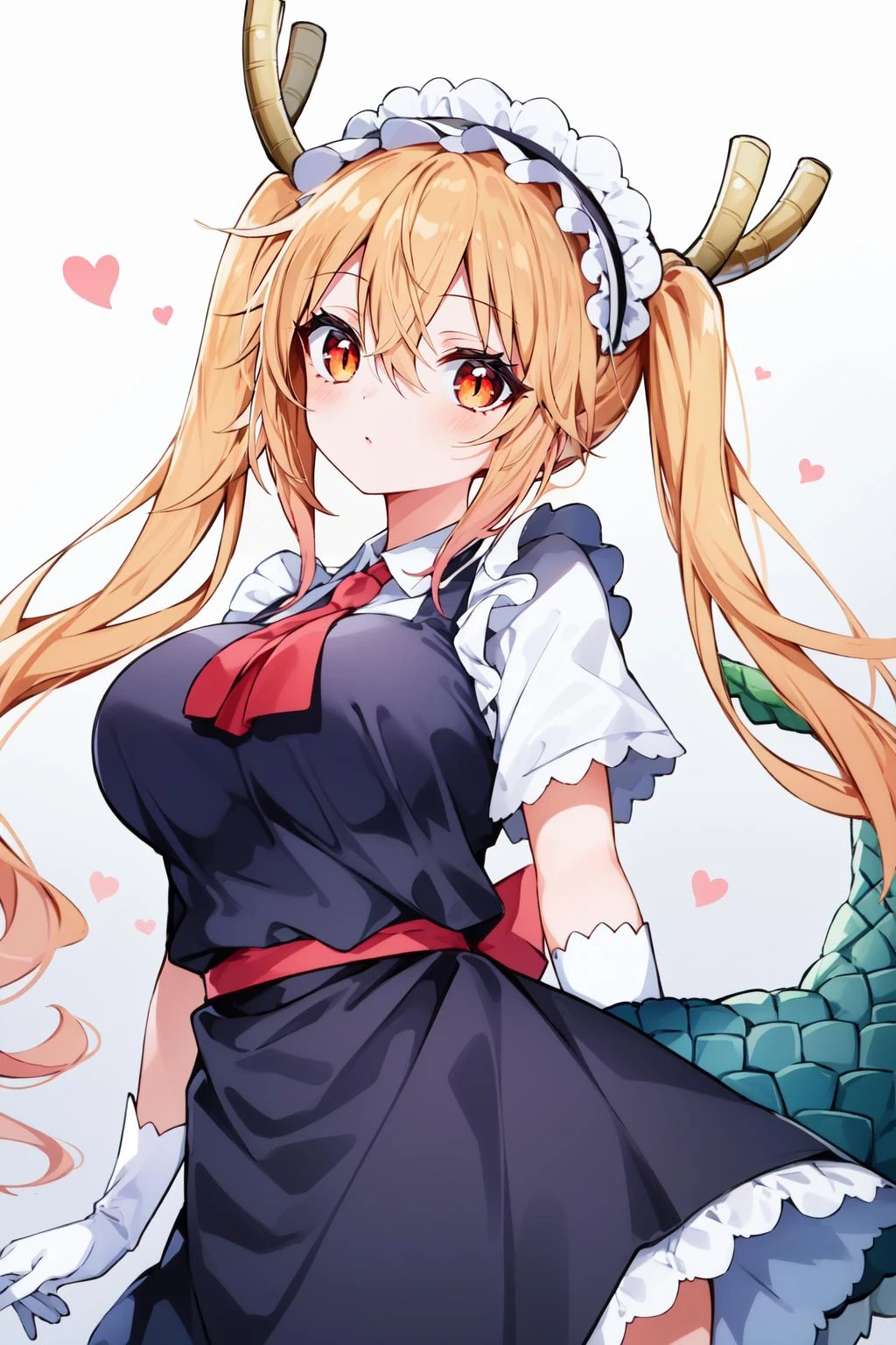(masterpiece, best quality), intricate details,
1girl, <lora:Tohru-10:0.8> tohru, 1girl, long hair, horns, dragon horns, solo, dragon girl, twintails, looking at viewer, maid headdress, slit pupils, large breasts, maid, gloves, white gloves, hair between eyes, tail, dragon tail, short sleeves, dress, scales