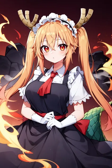 (masterpiece, best quality),  intricate details,
1girl,   <lora:Tohru-10:0.8> tohru, 1girl, long hair, horns, dragon horns, solo, dragon girl, twintails, looking at viewer, maid headdress, slit pupils, large breasts, maid, gloves, white gloves, hair between eyes, tail, dragon tail, short sleeves, dress, scales
lava, volcano, fire, smoke, red lighting,