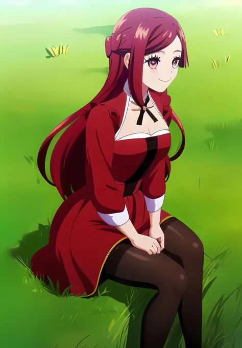 <lora:Pryde_Royal_Ivy:0.8>, Pryde_Royal_Ivy, 1girl, solo, smile, red dress, long skirt, sitting, grass, pantyhose,