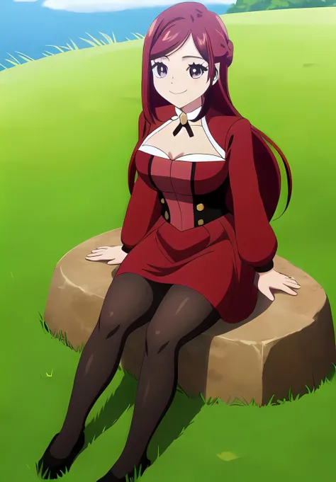 <lora:Pryde_Royal_Ivy:0.8>, Pryde_Royal_Ivy, 1girl, solo, smile, red dress, long skirt, sitting, grass, pantyhose,