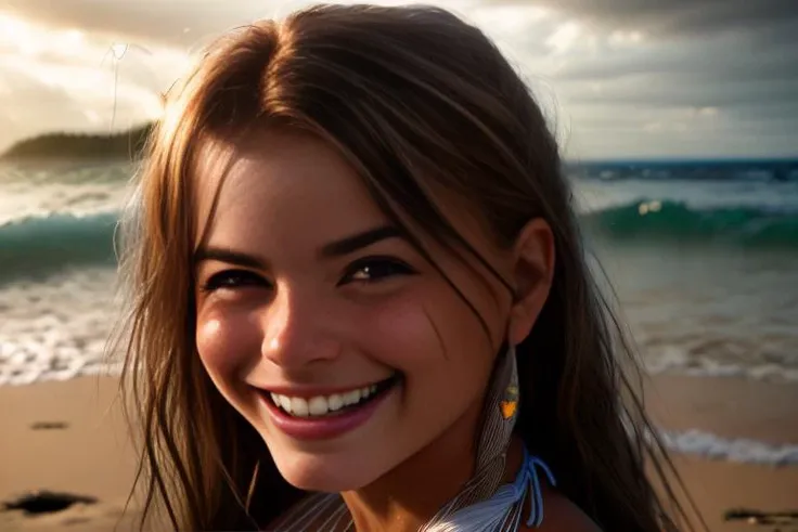 (sharp focus:1.2), photo, attractive young KariSweets , (beautiful face:1.1), detailed eyes, luscious lips, (cat eye makeup:0.85), (big smile:1.2), wearing (string bikini:1.2) on a (beach:1.2). (moody lighting:1.2), depth of field, bokeh, 4K, HDR. by (James C. Christensen:1.2|Jeremy Lipking:1.1).<lora:KariSweets:1.0>