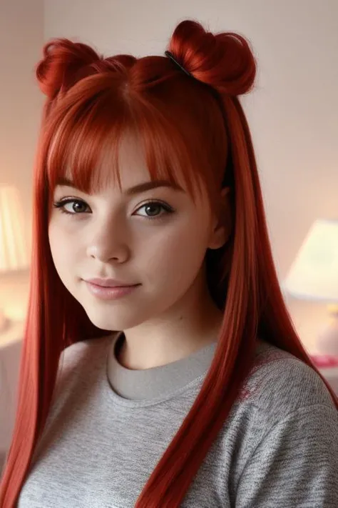 portrait photo of KariSweets,  <lora:KariSweets:0.9>, beautiful woman ,red hair, twin tails, sleeping in a bed in a kids bedroom, gray pajamas,  (best quality) (detailed) (8k) (HDR) (wallpaper) (cinematic lighting) (sharp focus) (intricate)