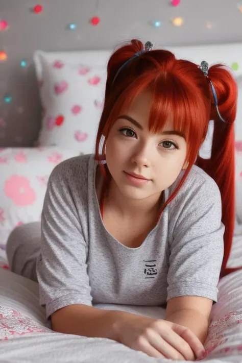 portrait photo of KariSweets, <lora:KariSweets:0.9>, beautiful woman ,red hair, twin tails, sleeping in a bed in a kids bedroom, gray pajamas, (best quality) (detailed) (8k) (HDR) (wallpaper) (cinematic lighting) (sharp focus) (intricate)