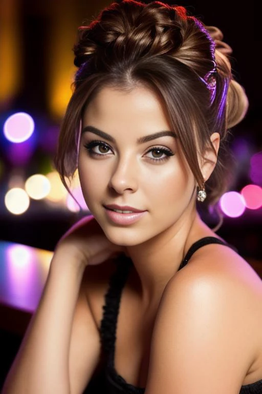 portrait photo of KariSweets, <lora:KariSweets:0.9>, beautiful woman hair updo upsweep nightclub sitting at bar (masterpiece) (best quality) (detailed) (8k) (HDR) (wallpaper) (cinematic lighting) (sharp focus) (intricate)