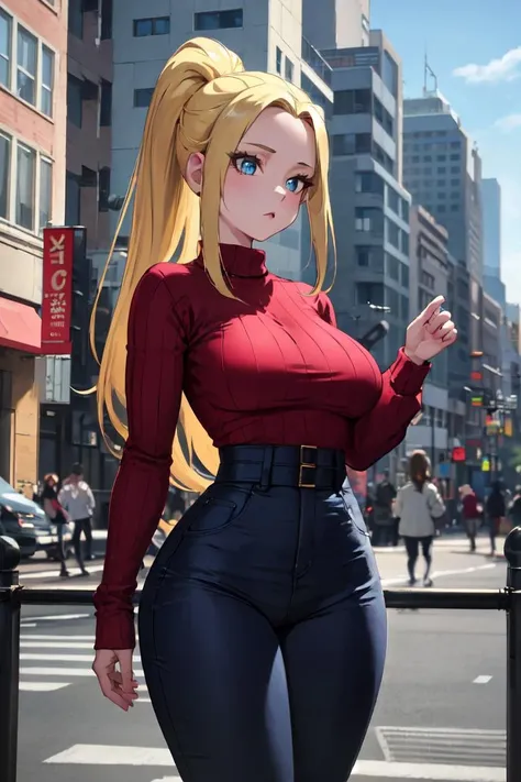 masterpiece, best quality, absurdres, perfect anatomy, 1girl, solo, BeatrixAmerhauser, ponytail, sweater, ribbed sweater, long sleeves, high-waist pants, outdoors, city, large breasts, <lora:CHAR-BeatrixAmerhauser:0.8>