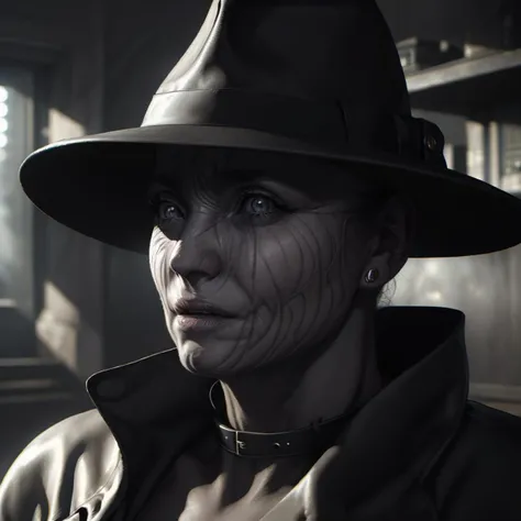 Best_QualityPos, RAW photo, intricate details, best quality, 8k uhd, soft lighting, 1girl, solo, hat, black coat, grey eyes, bald, wrinkled skin, grey skin <lora:mr._x-000003:0.7>