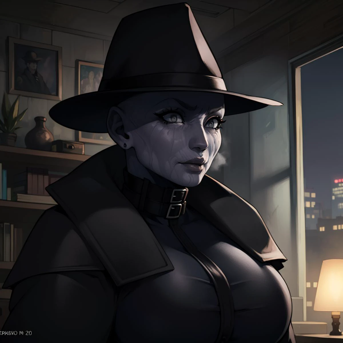 Best_QualityPos, RAW photo, intricate details, best quality, 8k uhd, soft lighting, 1girl, solo, hat, black coat, grey eyes, bald, wrinkled skin, grey skin <lora:mr._x-000003:0.7>
