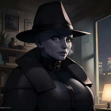 Best_QualityPos, RAW photo, intricate details, best quality, 8k uhd, soft lighting, 1girl, solo, hat, black coat, grey eyes, bald, wrinkled skin, grey skin <lora:mr._x-000003:0.7>