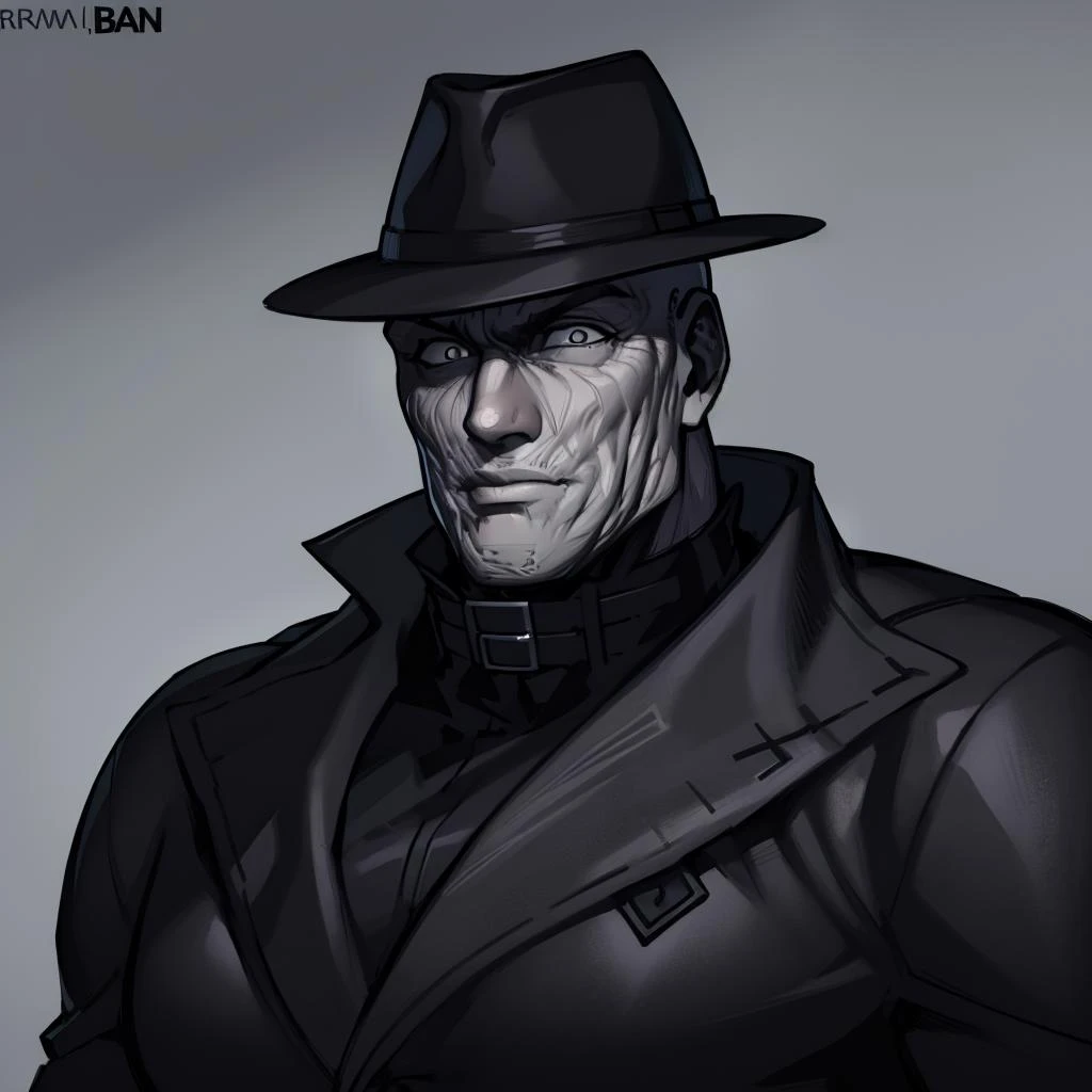 Best_QualityPos, RAW photo, intricate details, best quality, 8k uhd, soft lighting, 1boy, solo, bald, hat, beard, old man, black coat, grey eyes <lora:mr._x-000003:0.7>