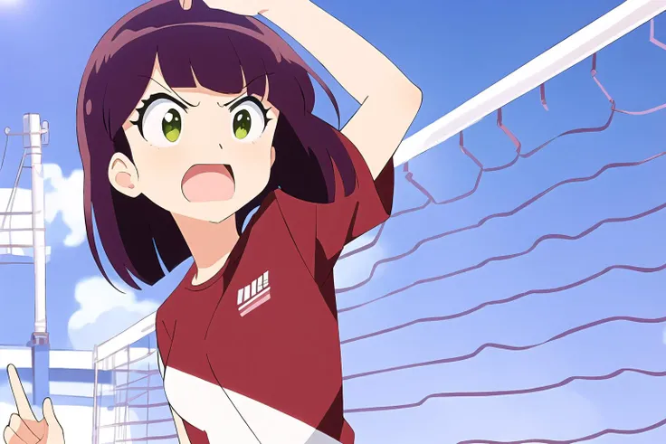 best quality, 1woman, in a jump, tense, waving his hand, volleyball, sportswear, volleyball, net, beautifu face, bangs, blunt bangs, brown purple hair, short hair, green eyes, Urusei Yatsura, Shinobu Miyake, <lora:Shinobu_Miyake:0.7>, sport background,
