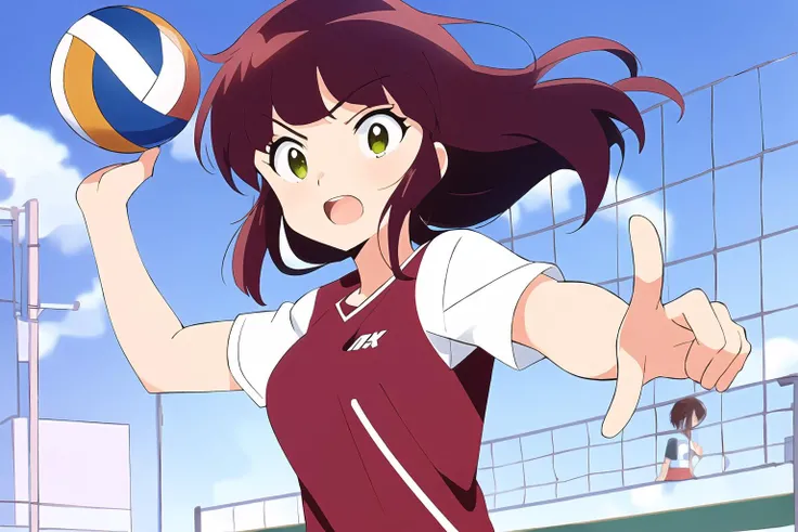 best quality, 1woman, in a jump, tense, waving his hand, (volleyball:1.1), sportswear, volleyball, net, beautifu face, bangs, blunt bangs, brown purple hair, short hair, green eyes, Urusei Yatsura, Shinobu Miyake, <lora:Shinobu_Miyake:0.7>, sport background,