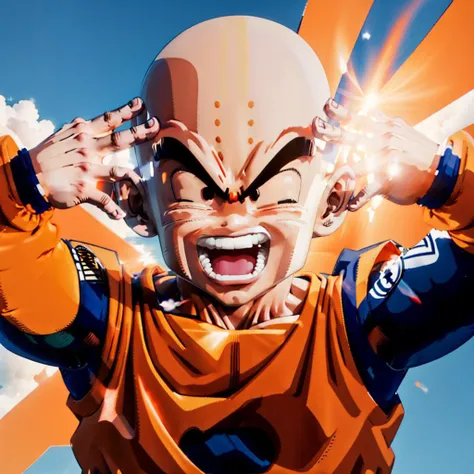 <lora:Solar_Flare_V3-10:0.7> solar flare, 1boy/girl, emphasis lines, sunlight, white background, both hands up, (eyes closed), (shouting), <lora:krillin_chara-10:0.8> krillin,