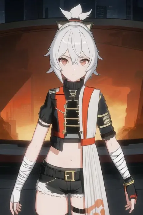 1girl, solo, masterpiece, best quality, outdoors, <lora:asura2:0.8>, asura, ponytail, hair ornament, single glove, bandaged arm, short hair, navel, midriff, bandages, short shorts, black shorts, asymmetrical sleeves, gloves, crop top, single sleeve, black shirt, red eyes, short sleeves, jewelry, shirt, uneven sleeves, thigh strap, belt, looking at viewer, facing viewer,