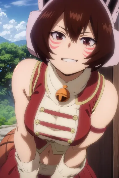 shinososaki, <lora:shino sosaki s2-lora-nochekaiser:1>,
shino sosaki, short hair, brown hair, animal ears, hair between eyes, (brown eyes:1.5), headgear, facial mark, facepaint, smile,
BREAK gloves, navel, sleeveless, midriff, bell, red skirt, neck bell, animal hands, paw gloves,
BREAK outdoors, forest, nature, trees, sky, sun, clouds,
BREAK looking at viewer, (cowboy shot:1.5),
BREAK <lyco:GoodHands-beta2:1>, (masterpiece:1.2), best quality, high resolution, unity 8k wallpaper, (illustration:0.8), (beautiful detailed eyes:1.6), extremely detailed face, perfect lighting, extremely detailed CG, (perfect hands, perfect anatomy),