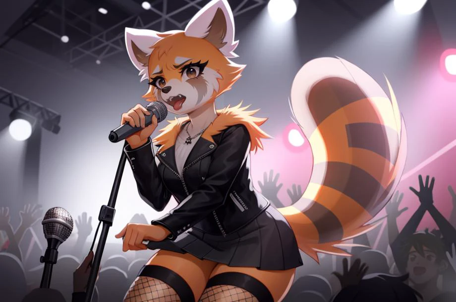 1girl, RetsukoCzar, (two-toned fur, orange fur, black eyes, whiskers, animal ears, racoon tail, striped tail, snout, fangs), (black eyeliner, black leather jacket, black skirt, fishnet stockings, band t-shirt, holding microphone, screaming, angry), (outdoors, concert, stage, stage lights, microphone stand, crowd, crowded), (masterpiece:1.2), hires, ultra-high resolution, 8K, high quality, (sharp focus:1.2), clean, crisp, cinematic, <lora:Retsuko-v1:1>