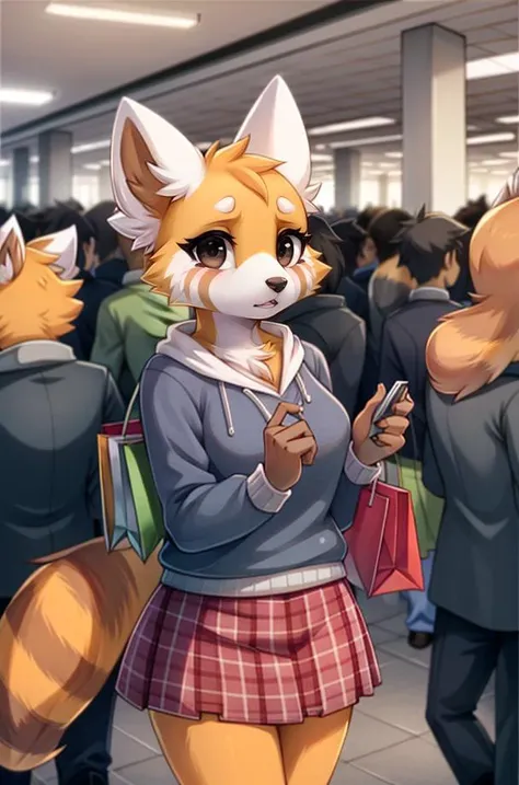1girl, RetsukoCzar, (two-toned fur, orange fur, black eyes, whiskers, animal ears, racoon tail, striped tail, snout), (skirt, sweater, purse, shopping bags), (interior, shopping center, signs, sale signs, clothing, crowd, crowded, mannequin), (masterpiece:1.2), hires, ultra-high resolution, 8K, high quality, (sharp focus:1.2), clean, crisp, cinematic, <lora:Retsuko-v1:1>