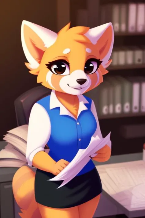 <lora:Retsuko:1>, RetsukoCzar, smile, blue blouse, white t-shirt, long black skirt, cowboy shot, office outfit, office,
cute, fluffy, anthro, looking at viewer, holding papers, shortstack, standing, (high quality:1.2), masterpiece, detailed, highres, 4k, sharp focus, detailed face