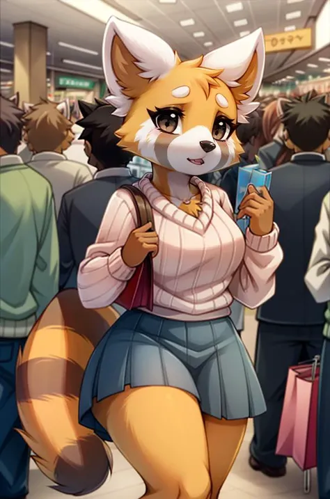 1girl, RetsukoCzar, (two-toned fur, orange fur, black eyes, whiskers, animal ears, racoon tail, striped tail, snout), (skirt, sweater, purse, shopping bags), (interior, shopping center, signs, sale signs, clothing, crowd, crowded, mannequin), (masterpiece:1.2), hires, ultra-high resolution, 8K, high quality, (sharp focus:1.2), clean, crisp, cinematic, <lora:Retsuko-v1:1>