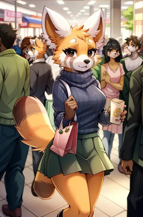 1girl, RetsukoCzar, (two-toned fur, orange fur, black eyes, whiskers, animal ears, racoon tail, striped tail, snout), (skirt, sweater, purse, shopping bags), (interior, shopping center, signs, sale signs, clothing, crowd, crowded, mannequin), (masterpiece:1.2), hires, ultra-high resolution, 8K, high quality, (sharp focus:1.2), clean, crisp, cinematic, <lora:Retsuko-v1:1>