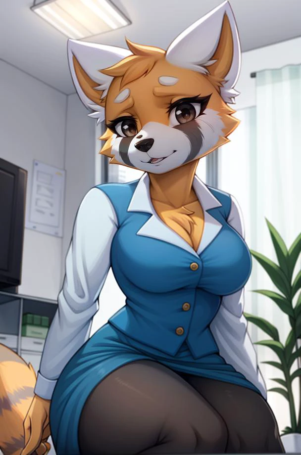 1girl, RetsukoCzar, (two-toned fur, orange fur, black eyes, whiskers, animal ears, racoon tail, striped tail, snout), (blue skirt, white long-sleeved shirt, blue vest, office lady), (interior, office), (masterpiece:1.2), hires, ultra-high resolution, 8K, high quality, (sharp focus:1.2), clean, crisp, cinematic, <lora:Retsuko-v1:1>