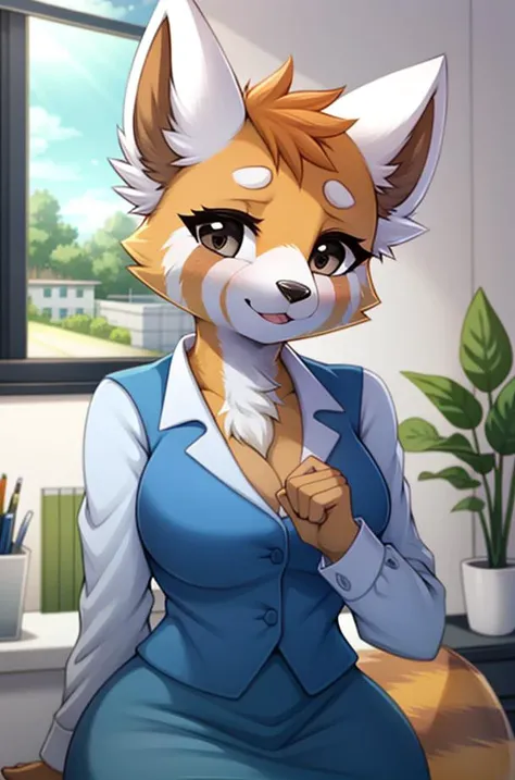 1girl, RetsukoCzar, (two-toned fur, orange fur, black eyes, whiskers, animal ears, racoon tail, striped tail, snout), (blue skirt, white long-sleeved shirt, blue vest, office lady), (interior, office), (masterpiece:1.2), hires, ultra-high resolution, 8K, high quality, (sharp focus:1.2), clean, crisp, cinematic, <lora:Retsuko-v1:1>