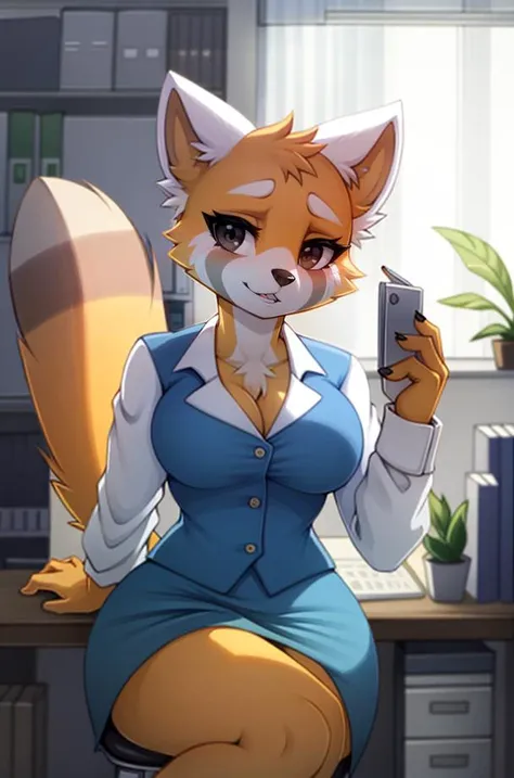 1girl, RetsukoCzar, (two-toned fur, orange fur, black eyes, whiskers, animal ears, racoon tail, striped tail, snout), (blue skirt, white long-sleeved shirt, blue vest, office lady), (interior, office), (masterpiece:1.2), hires, ultra-high resolution, 8K, high quality, (sharp focus:1.2), clean, crisp, cinematic, <lora:Retsuko-v1:1>