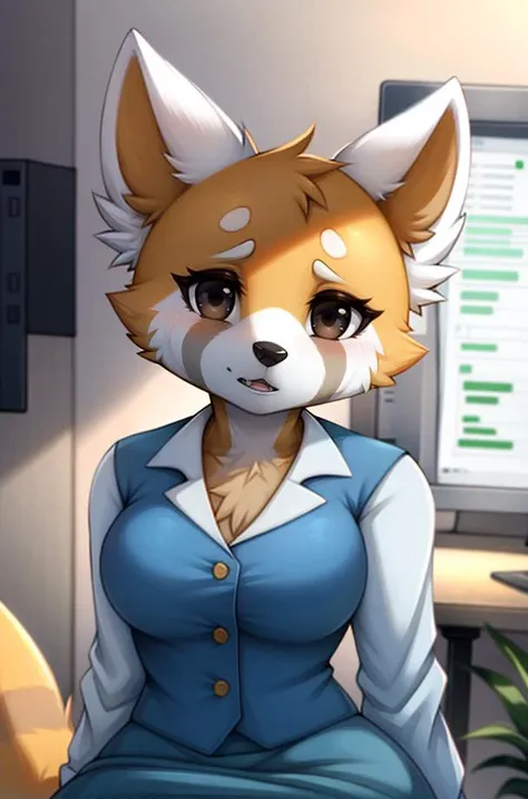 1girl, RetsukoCzar, (two-toned fur, orange fur, black eyes, whiskers, animal ears, racoon tail, striped tail, snout), (blue skirt, white long-sleeved shirt, blue vest, office lady), (interior, office), (masterpiece:1.2), hires, ultra-high resolution, 8K, high quality, (sharp focus:1.2), clean, crisp, cinematic, <lora:Retsuko-v1:1>