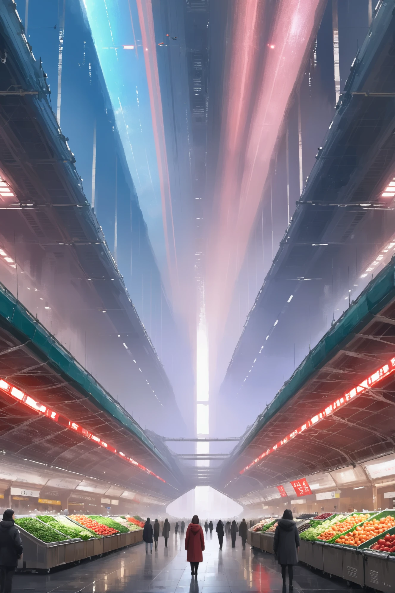 indoor market in a dystopian,Ominous scifi cosmic megastructure outside of the universe, masterpiece<lora:EnvyMysticNeonXL01:1>