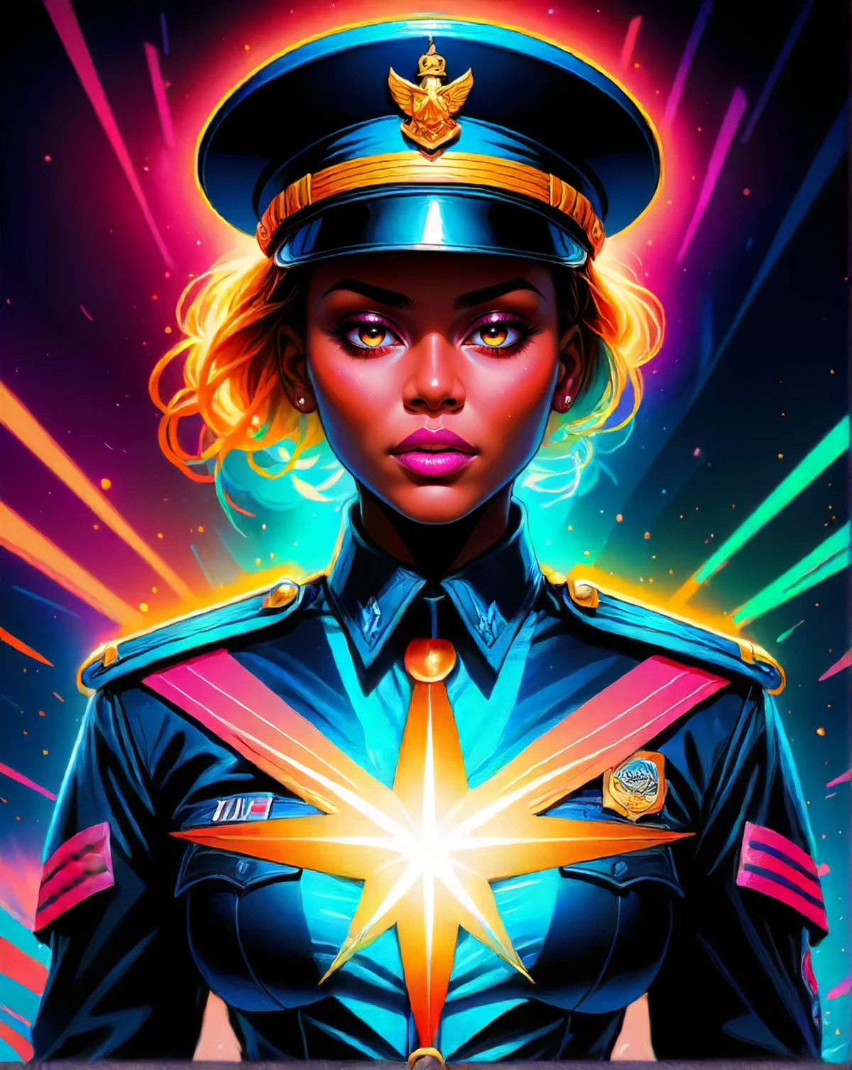 military-woman with ((Very Dark Skin and Solid body type)), wearing officer's military uniform,
<lora:SDXLFaeTastic2400:0.31>
<lora:EnvyMysticNeonXL01:0.491> <lora:EnvyEnhanceXL01a:0.31> <lora:EnvyDramaticLightingXL01:0.31> <lora:EnvyActionShotXL01:0.51>